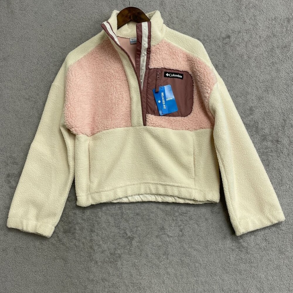 Columbia Women's XS Fleece Pullover Jacket Chalk Dusty Pink Fig Relaxed M0475 - Picture 2 of 12